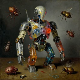 strange intricate futuristic robot body, disturbing colorful oil painting dutch golden age vanitas still life sparse composition with bizarre detailed objects strange gooey transparent surfaces shiny metal reflections bizarre mutant meat insects rachel ruysch dali todd schorr very detailed perfect composition rule of thirds masterpiece canon 5 0 mm, cinematic lighting, photography, retro, film, kodachrome