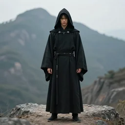 a realistic full body of Konnor, a dragonblood, a black hood with black robes, extremely realistic and detailed, standing in front of a mountain