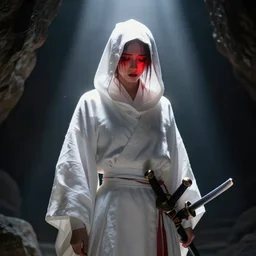 samurai cloaked in white with swords, standing in light beam of a dark cave, ruby red sorrow, high quality, ultra detail,