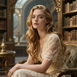 cinestill 5 0 d landscape portrait of a dreamy beautiful woman britt marling 3 / 4 by roversi sitting in a dystopian fantasy library, long hair, wearing lace, 8 k, elegant, highly detailed, pale gold matt, soft blur, artstation, sharp focus, head in focus,