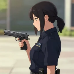 girl wearing uniform holding pistol at side side view looking down audrey plaza fine detail anime realistic shaded light