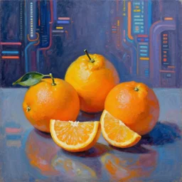 Still life with oranges, futuristic cyberpunk painting by Monet