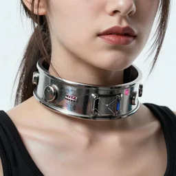 detailed realistic female character cyberpunk wearing thick steel collar around neck, realistic, art, beautiful, 4K, collar, choker, collar around neck, punk, artstation, detailed, (female), woman, choker, cyberpunk, neon, punk, collar, choker, collar around neck, thick collar, tight around neck, punk,
