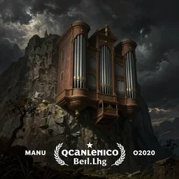dark fantasy matte painting of a city-size pipe organ hanging on the side of a massive cliff at night, dark stormy weather by Canaletto and Bellotto