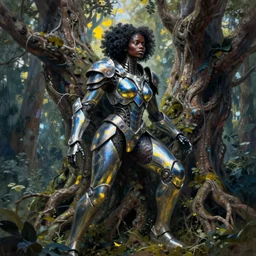hyperrealistic maximalist super expressive! black woman with exoskeleton armor, merging with tree in a forest, highly detailed digital painting masterpiece smooth cam de leon hannah yata dramatic pearlescent blue yellow light ground angle hd 8k sharp focus