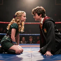 Katniss Everdeen and Harry Potter facing each other in a wrestling ring