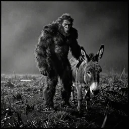 a movie still by tarkovsky of an ogre with one donkey in a swamp mossy, by night, cinestill 8 0 0 t 3 5 mm b & w, heavy grain, high quality, noir, natural textures, photorealistic, ambient occlusion, hd, mud, fog, criterion collection