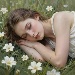 breathtaking detailed concept art painting of the sleeping in field goddess of white flowers, orthodox saint, with anxious, piercing eyes, ornate background, amalgamation of leaves and flowers, by Hsiao-Ron Cheng, James jean, Miho Hirano, Hayao Miyazaki, extremely moody lighting, 8K