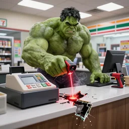 Accidents, The Hulk working as a 7/11 cashier using a red laser scanner, cash register, red laser scanner, wide wide shot, very detailed, beautiful lighting, red laser, broken counter, broken, fire, smoke