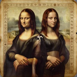 painting of Mila Kunis and Milla Jovovich by Simon Bisley, fierce, calm, looking shredded from working out, in the style of HR Giger, highly detailed, in the style of Da Vinci, old weathered paper, 8k, symbols and glyphs carvings