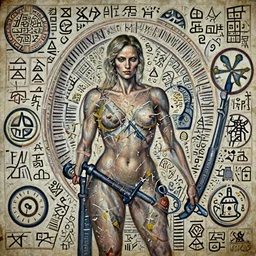 painting of Mila Kunis and Milla Jovovich by Simon Bisley, fierce, calm, looking shredded from working out, in the style of HR Giger, highly detailed, in the style of Da Vinci, old weathered paper, 8k, symbols and glyphs carvings