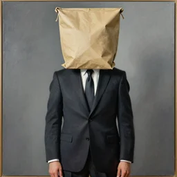Man in a business suit with a bag covering his head, by Boccioni