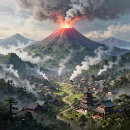a powerful japanese village high in mountains, rtx hdr fanart arstation 3 d, volcano, mystical power steam, concept art by greg rutkowski and laurie greasley, fantastic landscape, 8 k, cinematic color grading