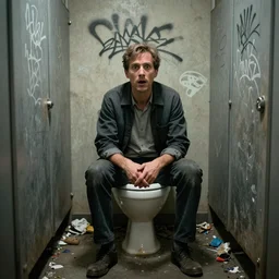 hyper realistic photo of Klaus Schwab with a surprised expression on his face, sitting on a toilet in a dirty public bathroom, graffiti on the stall walls, garbage on the ground, dimly lit, high quality,