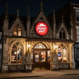 A photo of a gothic victorian Pizza Hut restaurant at night, lit by gaslight