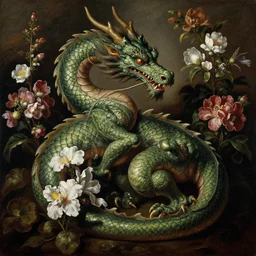 Baroque portrait of a dragon surrounded by flowers. Highly detailed, anatomically correct, dramatic lighting, oil paint on canvas