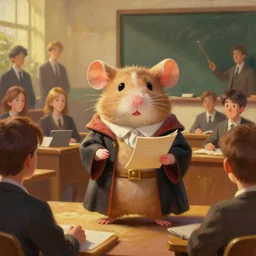 oil painting of a cute pet rat dressed as an english professor, giving a lecture in a university classroom, digital art, artstation, cinematic, golden hour fine details by realistic shaded lighting poster by ilya kuvshinov katsuhiro otomo, magali villeneuve, artgerm, jeremy lipkin and michael garmash and rob rey, cartoon