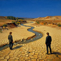 the crash site at a dry river bed in a barren 🏜 by ivan shishkin and zacharias aagaard and simon stalenhag and dan mumford, chiaroscuro, tonalism, sfumato, high saturation, retrowave