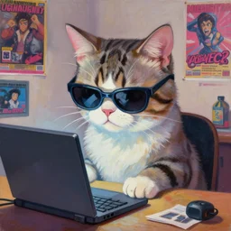 oil painting of a badass cat using with sunglasses using a computer, y2k, 2000s, posters, clutterd room