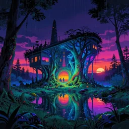 architecture by peter zumthor, retrowave cgsociety thermal imaging synthwave meadow magic realism nature at night landscape studio ghibli tokyo at dusk sunset myst neon noir bladerunner 2 0 4 9 tron cyberpunk anime alien lake rainforest reclaimed by nature, archdaily, wallpaper, highly detailed, trending on artstation.