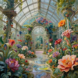 a beautifull intricate greenhouse with many flowers, intricate detailed color smashing fluid oilpaint, 3 d render, hyper realistic detailed, color leaves, ruan jia, wlop. scifi, fantasy, hyper detailed, octane render, concept art, by peter mohrbacher, by wlop, by ruan jia