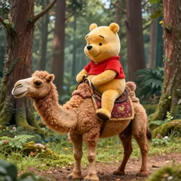 winnie the pooh riding a camel in a forest, realistic photograph
