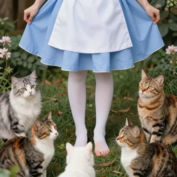 alice in wonderland with her barefeet up surrounded by cats