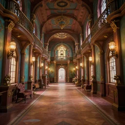 steampunk mansion hall interior, colorful, contrast, depth of field, 3 d scene, render, greg rutkowski, zabrocki, karlkka, jayison devadas, trending on artstation, 8 k, ultra wide angle, zenith view, pincushion lens effect
