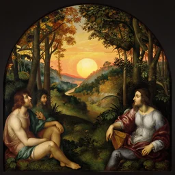 mural depicting a beautiful sunrise over a lush forest during fall, in the style of sandro botticelli, caravaggio, albrecth durer