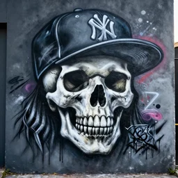 a spraypainted dark mural of a skull with a baseball cap, in the style of 8 0 s hiphop, intricate, high detail, artstation, dark color scheme