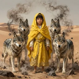 A epic and beautiful rococo painting of a young arab boy covered in yellow cloth surrounded by wolves of ashes, standing before a desert of ashes. ultra-detailed. Anime, pixiv, UHD 8K CryEngine, octane render