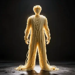 full length photograph noodles in the shape of a man, backlit, high contrast, centered