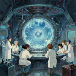 oil sci fi painting of a group of scientist working on a time machine portal, with lab coats, in a futuristic cyber laboratory, octane rendering, trending on artstation, by, studio ghibli, michael whealan and james gurney
