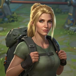 a german woman age 2 1 with blonde hair who is a hiker with a backpack as a character in the game league of legends, with a background based on the game league of legends, detailed face, epic lighting, rendered in unreal engine 5, sharp, highly detailed
