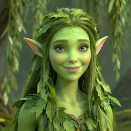 female elf with green skin with hair made from leaves from weeping willow tree, elf smiling, fantasy, cgi, detailed eyes, in style of lord of the rings