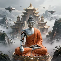 a single detailed robotic buddha with an orange robe, high camera angle, mystic atmosphere, a detailed metallic temple on a misty mountain, shiny reflections, high detailed sci fi airships, volumetric fog, perspective painting, atmospheric shot, cinematic establishing shot, high detail digital painting, in the style of brian despain, dystopian, unreal engine, maya