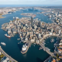 fantasy city from arial view, oceanside city with ports and ships, detailed, beautiful, daytime