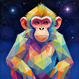 a painting of a polygon art monkey portait by inio asano, aya takano color style, 4 k, super detailed, night sky, digital art, digital painting, celestial, majestic, colorful