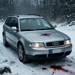 Audi A4 B6 Avant (2002), a gritty neo-noir, dramatic lighting, cinematic, eerie person, death, homicide, homicide in the snow, viscera splattered, gunshots, bullet holes, establishing shot, extremely high detail, photorealistic, raging fire at a warehouse, arson, cinematic lighting, artstation, by simon stalenhag, Max Payne (PC) (2001) winter New York at night, In the style of Max Payne 1 graphic novel, flashing lights, Poets of the Fall - Late Goodbye