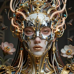 very beautiful woman integrating with technology, full face frontal centered, portrait, insipiring, detailed intricate ornate neon cables connected to head, very detailed eyes, luxurious detailed abundent wiring and implants symmetrical chrome mask, golen porcelain, renaissance, sci - fi, detailed technology background with cyber flowers and insects, dramatic lighting, photography, highly detailed, artstation, 8 k,