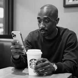tupac sitting inside a starbucks taking a picture of his drink cup with his iphone 1 2, black and white photo, real, photorealistic