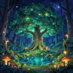 a sanctuary in an enchanted forest, large glowing tree in the middle, pond, night, stars, mushrooms, glowing lights, epic fantasy, colorfully, digital art, highly saturated colors, concept art, detailed illustration, hd, 4 k, digital art, greg rutkowski, dan mumford, studio ghibli trending on artstation