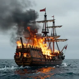 pirate ship on fire in the middle of the sea