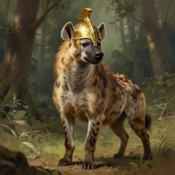 a long shot photo of a humanoid hyena were a heroic armour an gold helmet in the forest, long hair, highly detailed, digital painting, artstation, smooth, sharp focus, illustration, art by artgerm and greg rutkowski and alphonse mucha