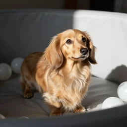 long haired blonde miniature dachshund in a ball pit