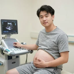 Photograph of a heavily pregnant handsome!!! young Asian man in his 20s getting an ultrasound at the hospital, high quality image