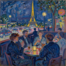pointillist impressionist painting of paris late night club bar people drinking 80s with cars Monet