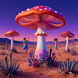 colorful autostereogram illusion with psychedelic mushrooms dancing among a twilight desert of peyote