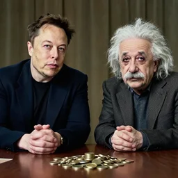 photo of elon musk and albert einstein sitting next to each other at a table with a pile of coins