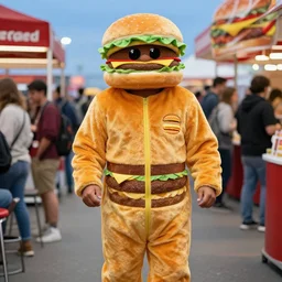 MAN DRESSES UP IN A BURGER SUIT ATTENDS FAST FOOD CONVENTION, REALISM, REALISTIC, HDR, CLEAR IMAGE,